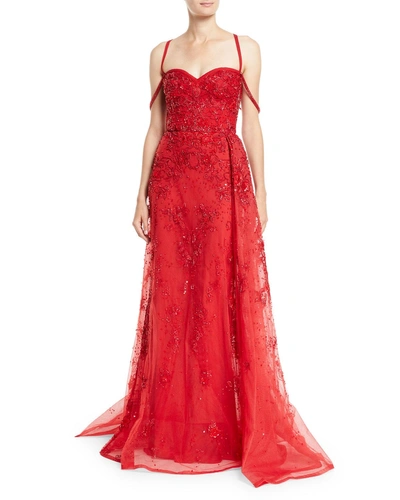 Elie Saab Sleeveless Bustier Embellished Tulle Evening Gown In Red