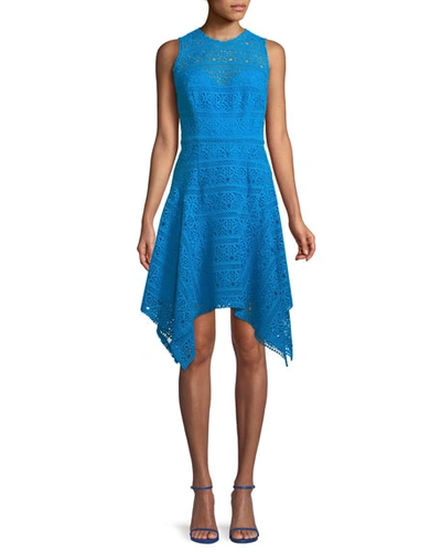 Theia Novelty Guipure Lace Handkerchief-hem Dress In Blue