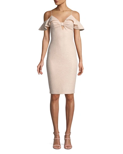 Aidan Mattox Ruffle Cold-shoulder Knit Cocktail Dress In Champagne