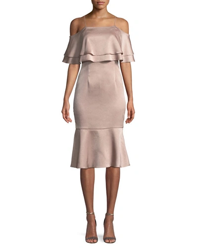 Aidan Mattox Hammered Satin Layered Cold-shoulder Dress In Dusty Rose