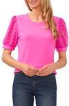 Cece Mixed Media Puff Sleeve Top In Magenta Glow