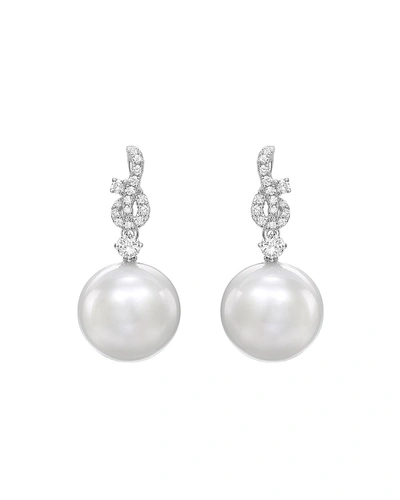 Kiki Mcdonough 18k White Gold Pearl Drop Earrings W/ Diamond Twist In Oyster