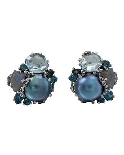 Stephen Dweck Cluster Pearl & Stone Silver Earrings, Blue