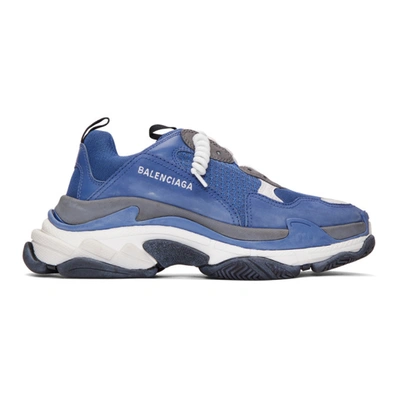 Balenciaga Blue And White Triple S Leather Sneakers In Navy