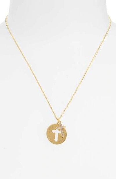 Lulu Dk Cross Disc Pendant Necklace In Gold/ Clear