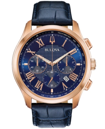 Bulova Men's Chronograph Wilton Blue Leather Strap Watch 46.5mm In White