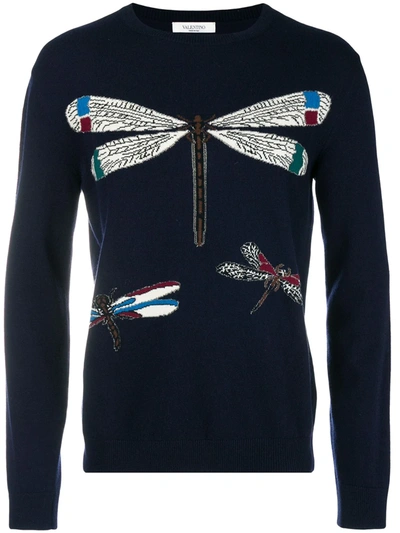 Valentino Embroidered Dragonfly Knit Sweater In Midnight Blue