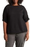 Max Studio Waffle Knit Ruched Top In Black-black