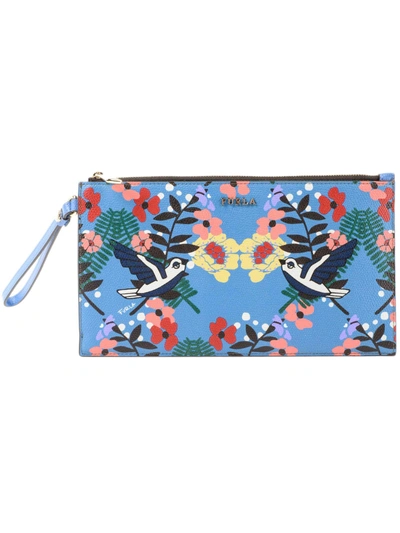 Furla Birds And Floral Print Clutch In Atoni Celeste+onyx