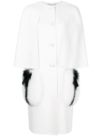 Fendi Cape Sleeves Coat With Fur Pockets In Biancobianco