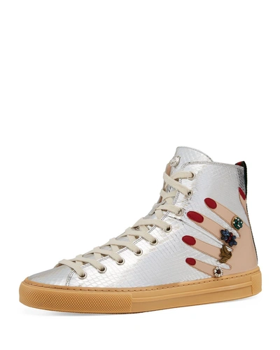 Gucci Flat Major High-top Sneakers, Silver