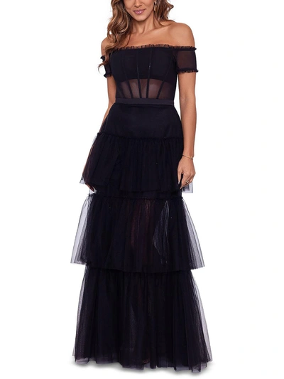 Betsy & Adam Womens Off-the-shoulder Tiered Evening Dress In Black