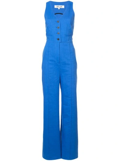 Diane Von Furstenberg Fitted Button-front Linen-stretch Jumpsuit In Blue