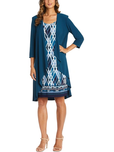 R & M Richards Womens Drape-front Printed Two Piece Dress In Blue