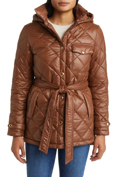 Sam Edelman Diamond Quilt Hooded Belted Shacket In Maple Sugar