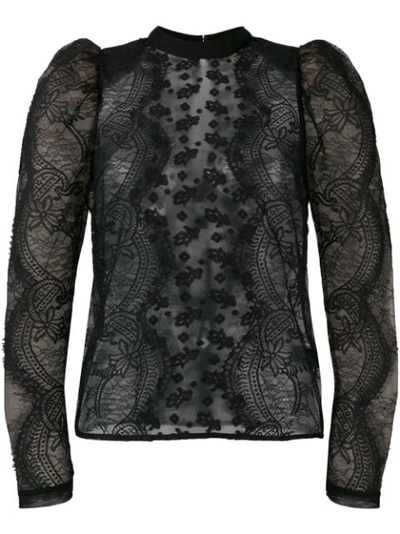 Self-portrait Scalloped Floral Lace Puff-sleeve Top In Black