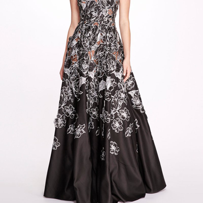 Marchesa Notte Satin One Shoulder Gown In Black