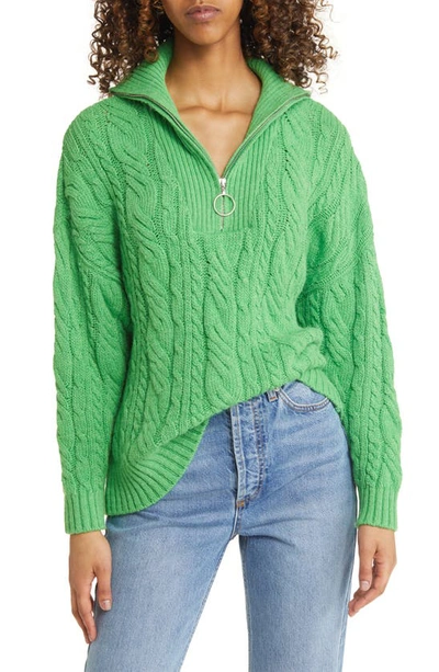 Topshop Cable Knit Half Zip Sweater In Green