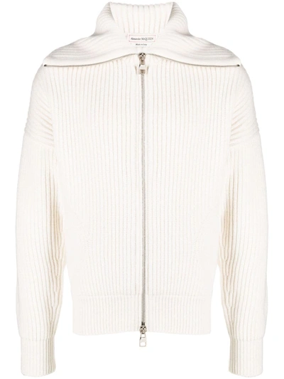 Alexander Mcqueen Ribbed Zip-up Cardigan In Ivory