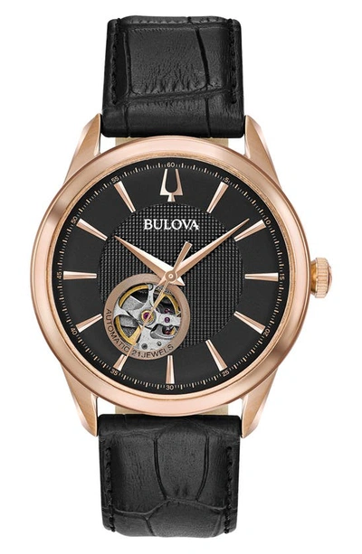 Bulova Classic Automatic Collection Croc Embossed Leather Strap Watch, 41mm In Brown