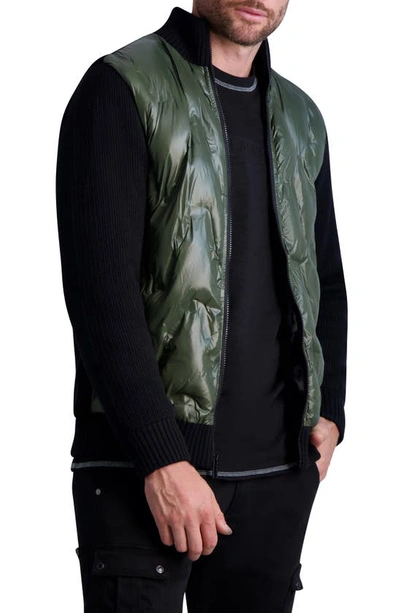 Karl Lagerfeld Quilted Front Zip Jacket In Black/olive