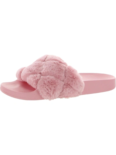 Steve Madden Snooze Womens Faux Fur Slip On Pool Slides In Pink