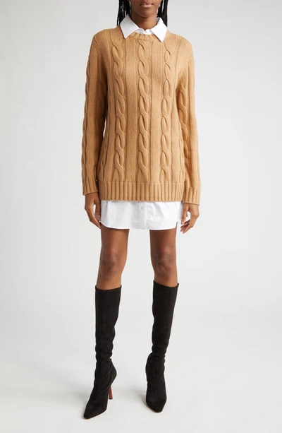 Staud Aldrin Mixed Media Long Sleeve Sweater Dress In Camel/white