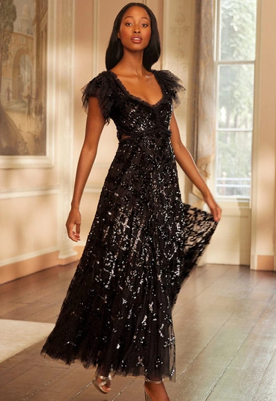 Needle & Thread Floral Lattice Sequin Gown In Black
