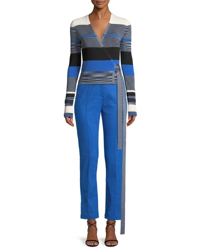Diane Von Furstenberg Striped Cropped Wrap Sweater In Blue