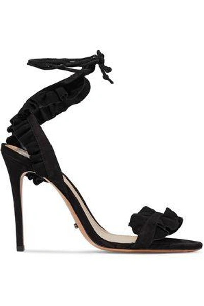 Schutz Woman Ruffled Lace-up Suede Sandals Black