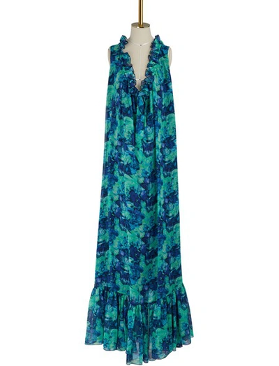 Lanvin Georgette Silk Printed Long Dress In Blue