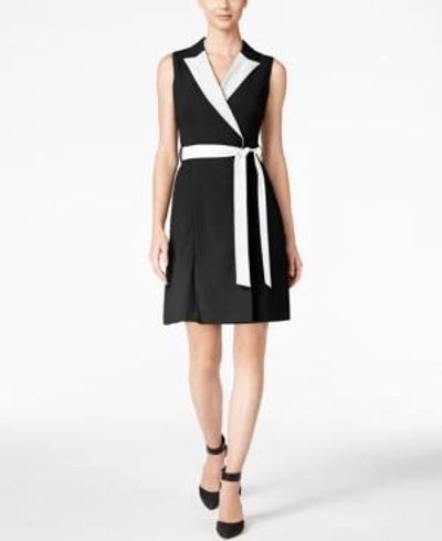 Calvin Klein Petite Colorblocked Wrap Dress In Black/cream