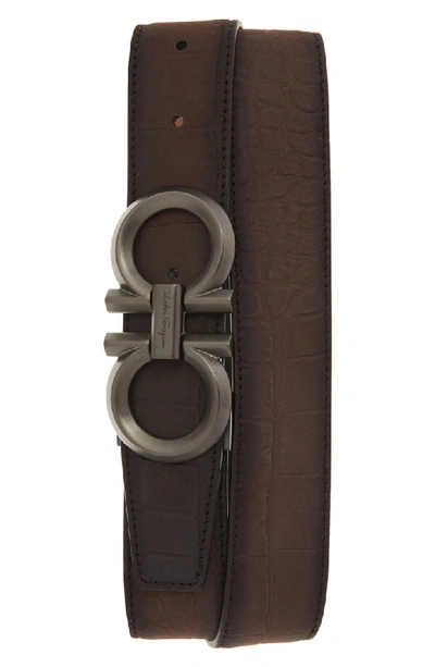 Ferragamo Men's Stamped Leather Gancini Buckle Belt In Moro