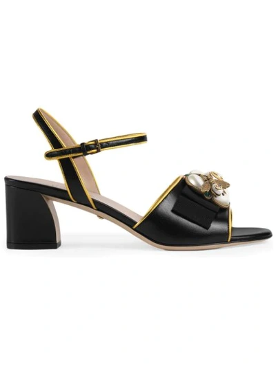 Gucci Leather Mid-heel Sandal With Bee In Pearl