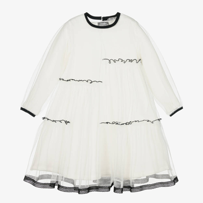 Il Gufo Kids' Girls Ivory & Black Ruffled Tulle Dress In White