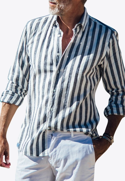 Les Canebiers Divin Button-up Stripe Shirt In Linen In Navy