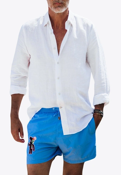 Les Canebiers Ermitage Mono Bear Embroidered Swim Shorts In Blue