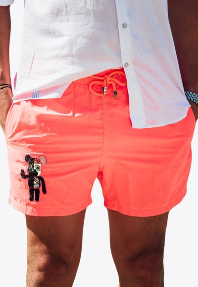 Les Canebiers Ermitage Mono Bear Embroidered Swim Shorts In Orange