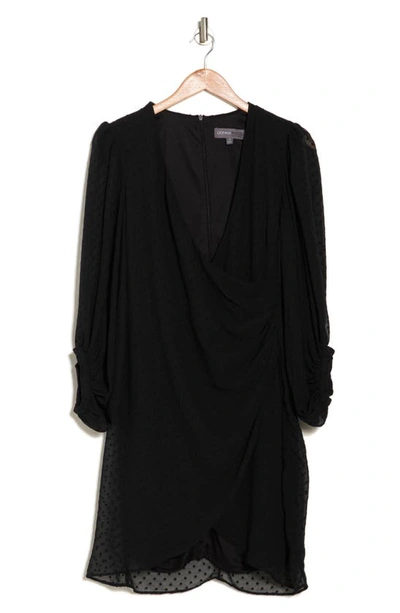 Donna Ricco Swiss Dot Balloon Sleeve Faux Wrap Dress In Black