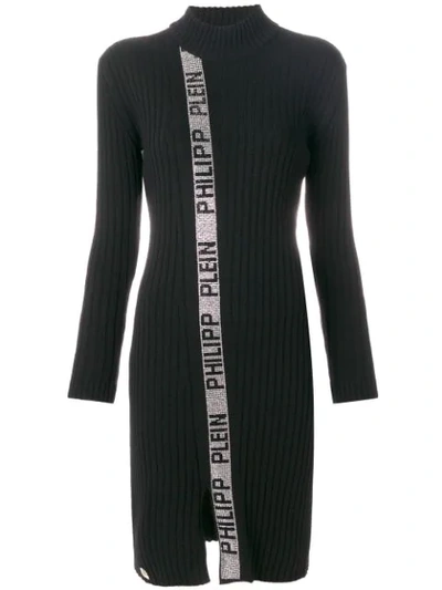 Philipp Plein Funnel Neck Rib Knit Metallic Trimmed Dress In Black
