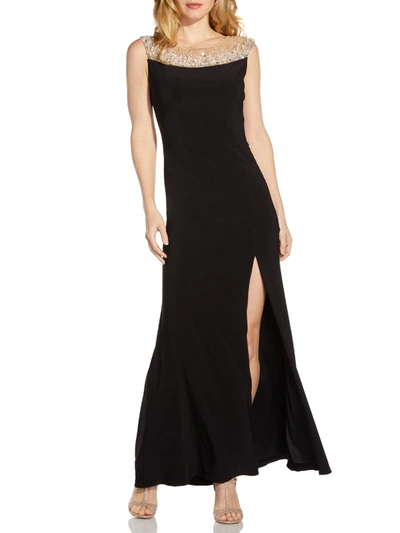 Adrianna Papell Womens Embellished Illusion Evening Dress In Black