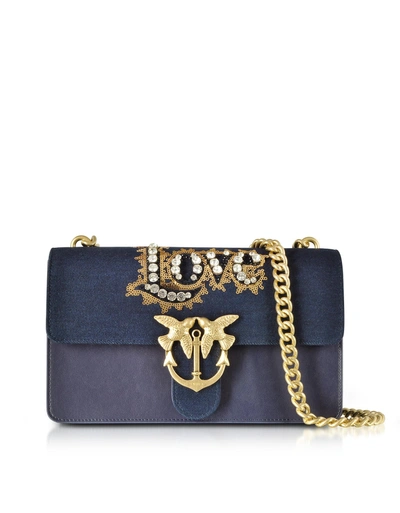 Pinko Love Denim And Leather Shoulder Bag W-crystals In Blue