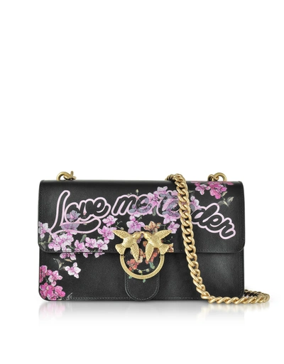 Pinko Love Me Tender Flowers Black Eco Leather Shoulder Bag In Black
