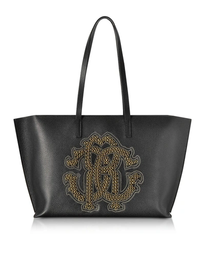Roberto Cavalli Black Leather Unisex Tote Bag W-gold Studs Rc Logo