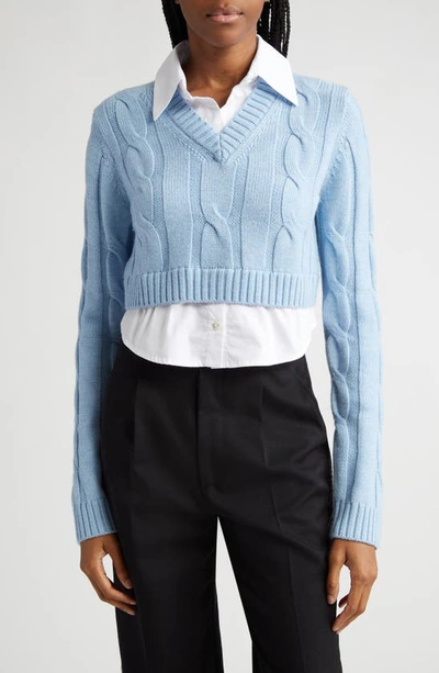 Staud Duke Crop Mixed Media Cable Knit Sweater In Blue White