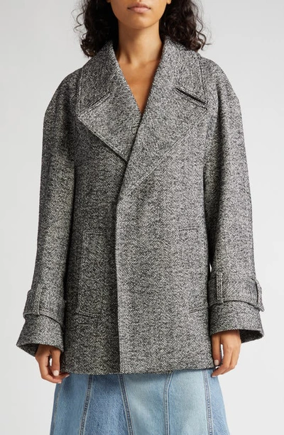 Victoria Beckham Oversize Herringbone Tweed Wool Blend Coat In Black_white