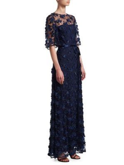 David Meister Embroidered Floral Gown In Navy