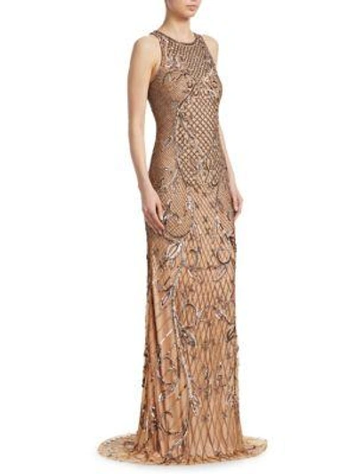 Theia Beaded Sleeveless Gown In Bronze