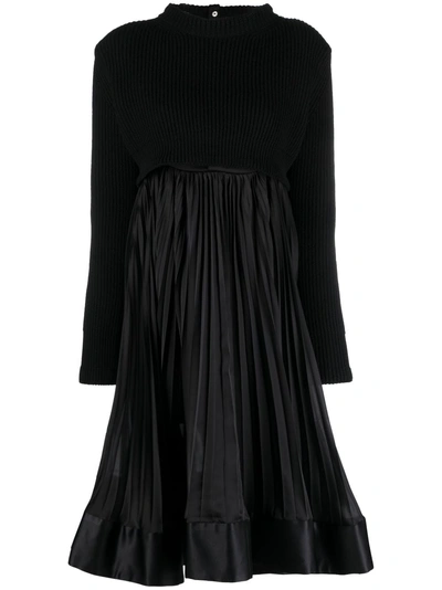 Sacai Ribbed-knit Pleated Midi Dress In Black