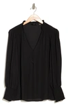 T Tahari Notched Neck Long Smocked Sleeve Ruffle Blouse In Black